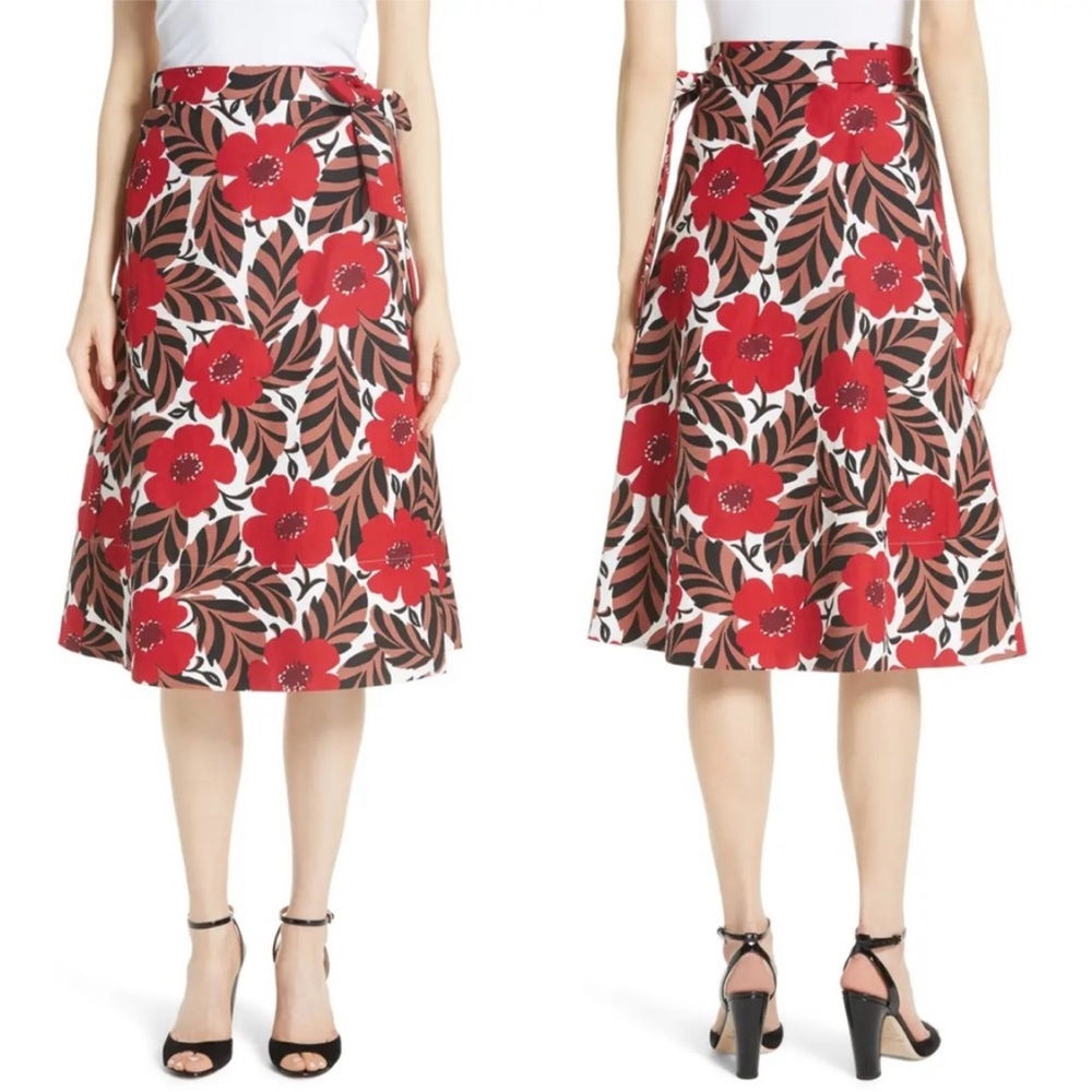 Kate Spade Poppy Field Lingonberry Red Floral Linen Blend Midi Wrap Skirt